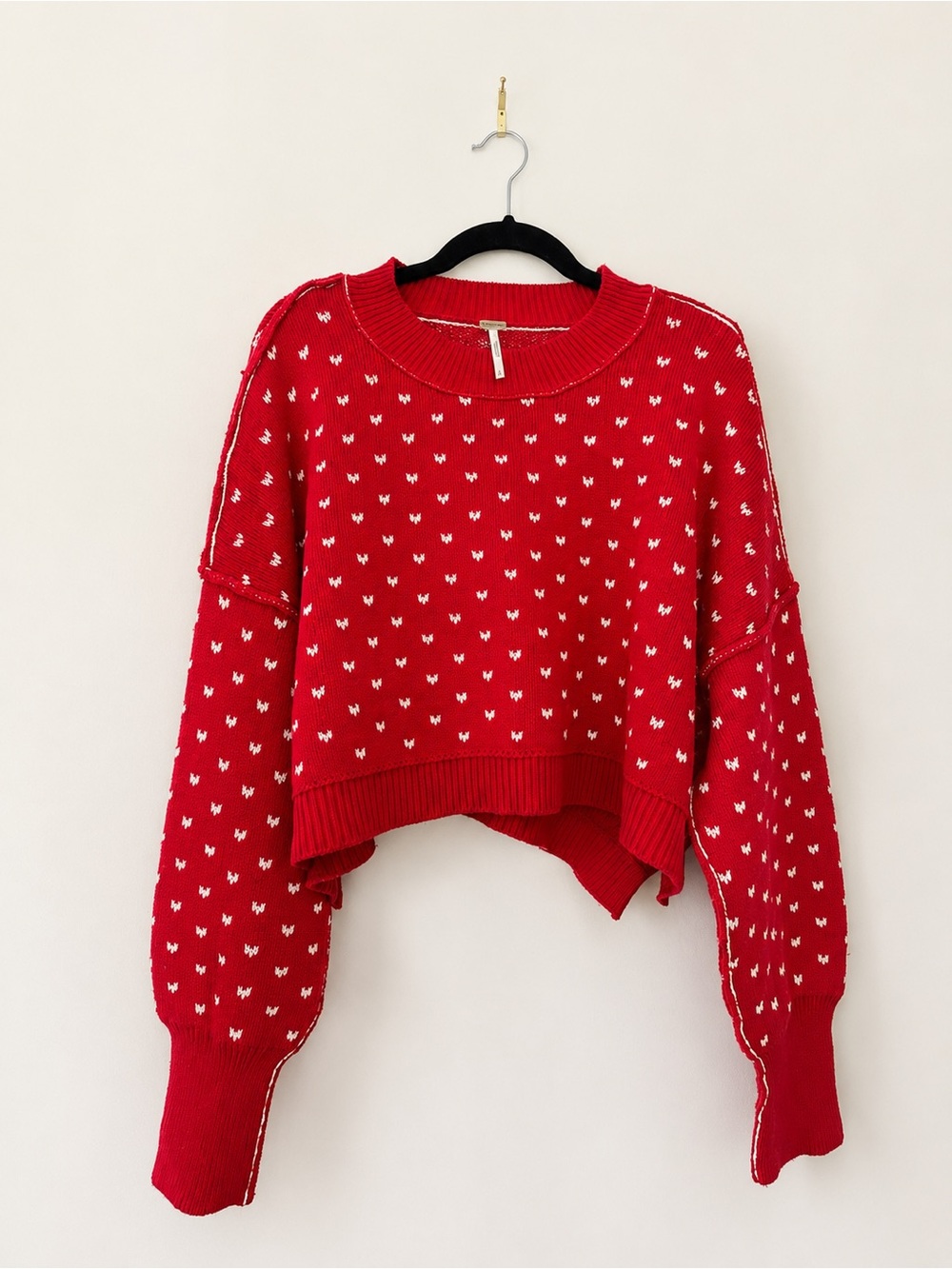 Free People Red & White Oversized Cropped Knit Sweater M - Picture 2 of 6